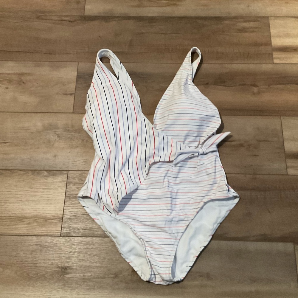 White w red and blue stripes, one piece swimsuit